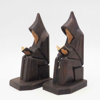 Vintage Hand Carved Wood Wooden Hooded Monk Priest Rosary Gothic Bookends