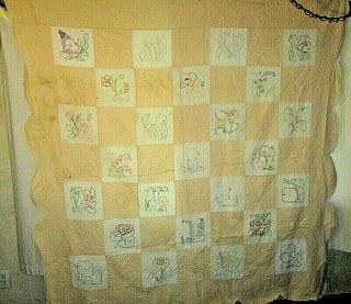 Vintage Quilt / Hand Sewn / 73 " X 73 " Scalloped Edge Embroidered Flowers