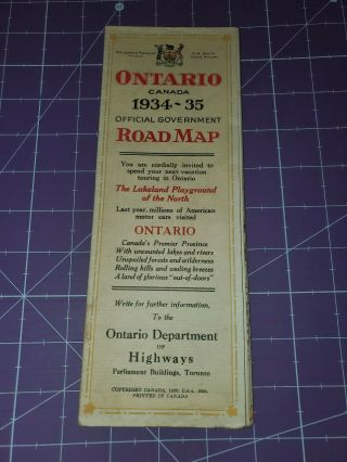 1934/1935 Official Government Road Map Of Ontario Canada