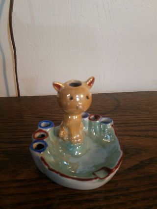 Vintage (luster Ware) Cat Ashtray And Cigarette Holder Made In Japan Dog