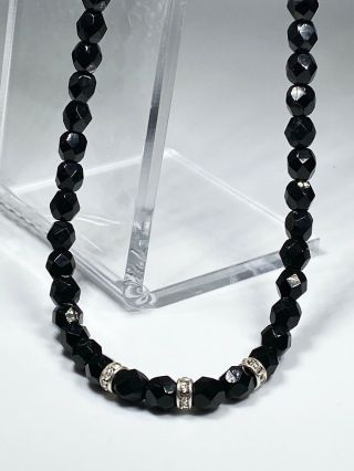 Vintage Dramatic Black Bohemian Glass W Diamonds Necklace,  Gift