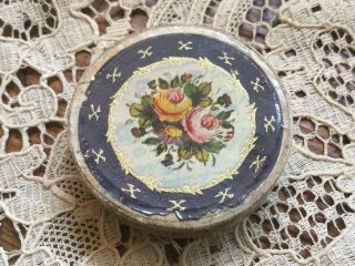 Antique Vintage Small Round Powder Box With Roses On Lid Unbranded