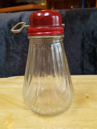 Vintage Nut Or Spice Grinder; Red Metal Lid & Pressed Glass Container