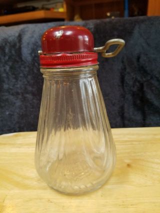 Vintage Nut or Spice Grinder; Red Metal Lid & Pressed Glass Container 2