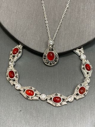 Vintage Silver Tone Red Marcasite Clear Rhinestone Bracelet Necklace Set