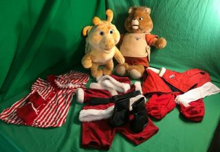 Vintage Teddy Ruxpin & Grubby 1985 1 Tape,  Pilot,  Sleeping Gown & Santa Outfits