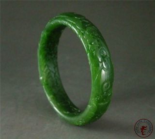 Old Chinese Nephrite Spinach Green Jade Carved Bracelet Bangle Ruyi & Phoenix