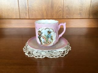 Vintage Painted Cats Pink Teacup And Saucer Marked Germany.