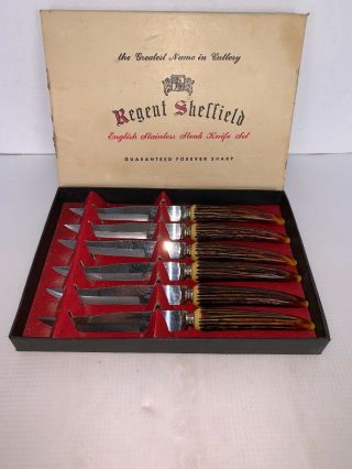 Vintage Regent Sheffield Steak Knife Set Of 6 Stainless Steel Faux Antler Handle