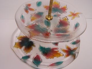 Vintage Glass Autumn Two - Tiered Serving Tray Fall Leafs Colorful Lovely Brass