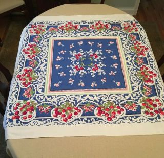 Vintage Tablecloth With Blue White Red Cherries,  50”x50”
