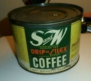 S & W Mellowed Drip Grind Vacuum Packed Coffee Can 1lb Tin Vintage