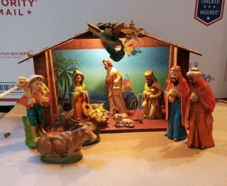 Vintage Sears Hand Painted Made In Japan 15 Piece Nativity Set Lighted Musical