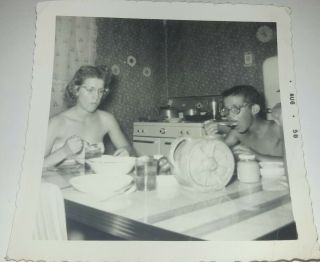 Vintage Old 1958 B/w Photo Girl & Boy Eating In Kitchen Stove Cat Eye Glasses