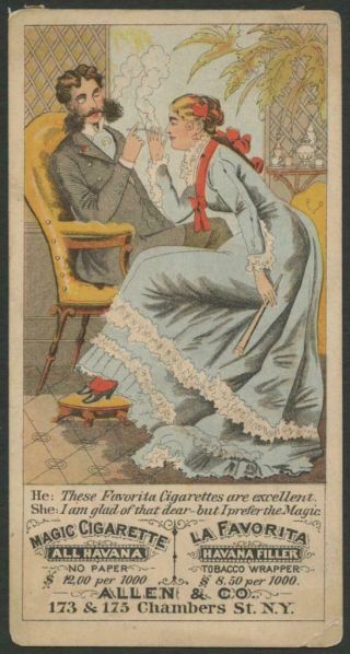 1877 “allen Tobacco Co” Trade Card - Woman On Man’s Lap,  Both Smoking Cigarettes