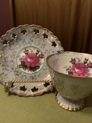Vintage Japanese Footed Teacup And Saucer Pink Roses With Brushed Gold
