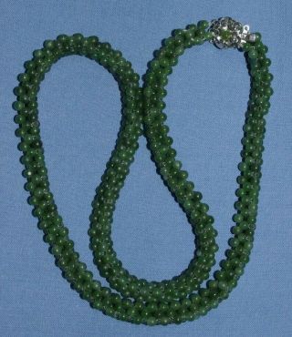 Vintage Chinese Carved Jade Bead Necklace With Silver Clasp C1970 