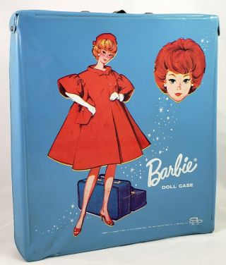 Vintage Lt Blue Barbie Doll Red Flare Vinyl Case Trunk By Mattel,  Circa 1963