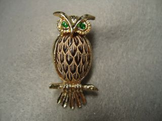 Vintage Emerald Green Rhinestone Eye Brown Jelly Belly Owl Bird Brooch Pin