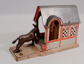 Antique 1880 J E Stevens Cast Iron Mechanical Bank,  Mule Barn Malicious Donkey