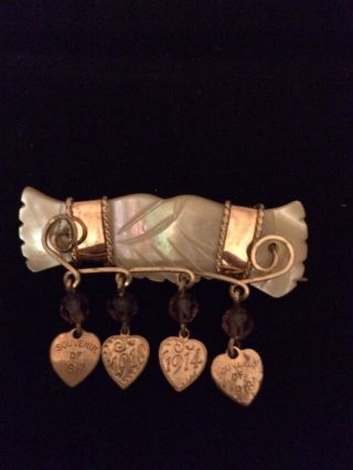 Vintage Mother Of Pearl Pin Dangling Hearts Gold Wire With Lord 