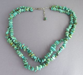 Vintage Old Pawn Sterling 2 Double Strand Mixed Turquoise Nugget Bead Necklace
