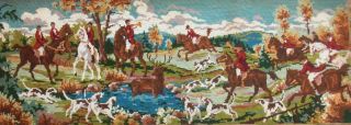 Vintage Completed Needlepoint Tapestry,  Beagle Dogs,  Deer Hunt 35 " X12.  5 "