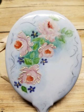 Vintage Porcelain Hand Painted Floral Roses Hand Vanity Mirror Victorian Decor