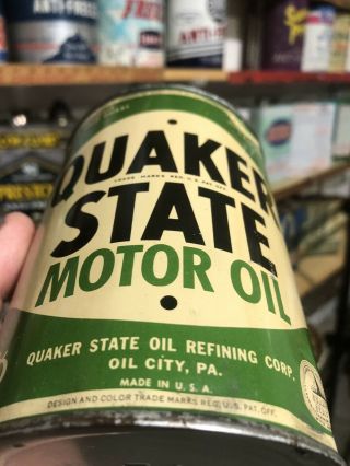 Rare.  1940s Vintage Quaker State Motor Oil Old 1 Qt.  Tin Can.  Can.  Oil.  Farm