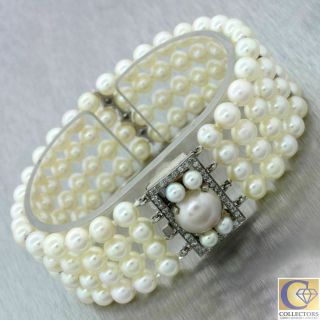 Antique Art Deco 14k Solid White Gold.  60ct Diamond 6mm Pearl 4 Row Bracelet