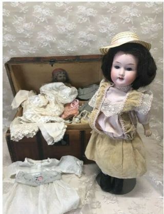 Antique German Bisque Doll W/trunk & Troisseau