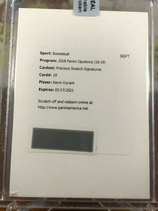 2018 - 19 Opulence Kevin Durant Precious Swatch Signatures Patch Auto Jersey /25