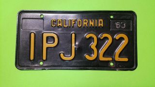 1963 Vintage California License Plate Tag Vintage Black Plate Ipj 322