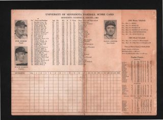 1964 Minnesota Gophers Baseball Scorecard Unscored (w/rosrers)