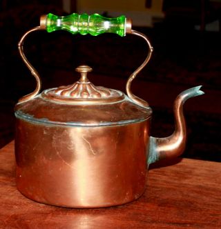 Vintage/antique Large Heavy Copper Oval Tea Kettle W/ Emerald Glass Handle