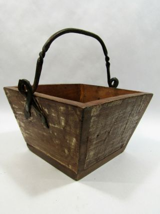 Primitive Small Rustic Vintage 7 " Wooden Rice Berry Bucket W/iron Handle