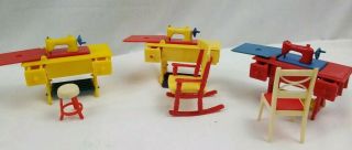 3 X Vintage Renewal Dollhouse Furniture Treadle Sewing Machines And Chairs