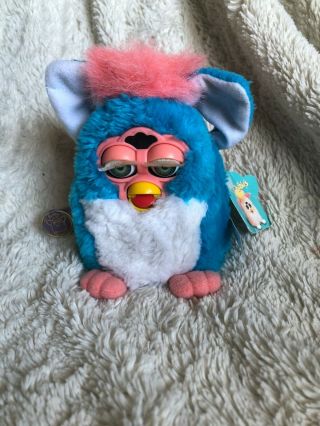 Vintage Furby Babies Furby Tiger 1999 With Tag Blue,  White,  And Pink Euc