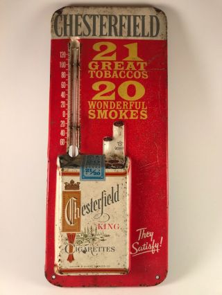 Vintage Antique Chesterfield Cigarette Tobacco Metal Thermometer Sign