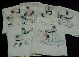 Set Vintage Cotton Flour Sack Tea Towel Black Americana Mammy 1940s Embroidered