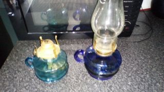 Vintage Glass Oil Lamp Bases And Burner With Finger Handle Squat Base