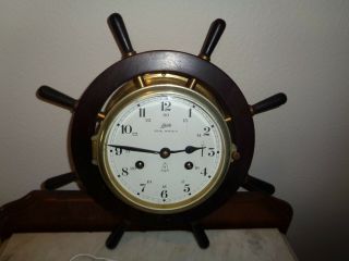 Vintage Schatz German Royal Mariner Ship Bell Brass & Wood Maritime Wheel Clock