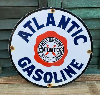 Vintage Atlantic Gasoline Porcelain Sign Metal Enamel Gas Station Pump Plate