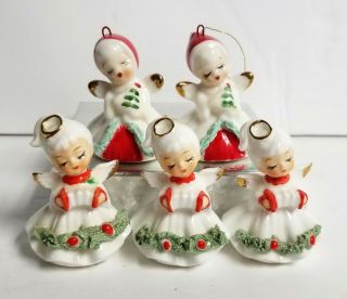 5 Vintage Mini Napco Christmas Angel Girls Spaghetti Trim Bone China Figurines