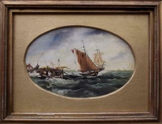 Antique British Primitive Seascape Oil Painting In Heavy Seas C1900