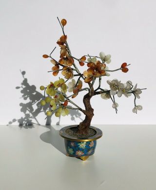 Chinese Antique Cloisonne Enamel Agate Jade Blossom Flower Bonsai Tree.