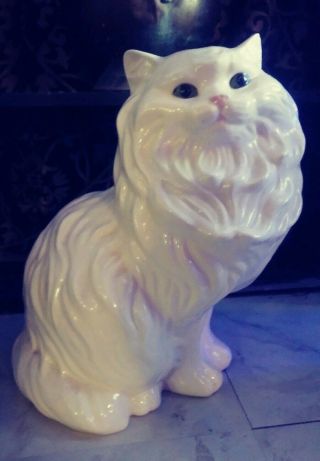 Vintage Large Ceramic Persian Cat Figurine Statue 14 " In Green Eyes Life Size