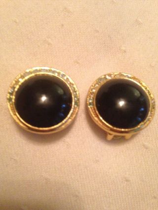 Vintage Signed Christian Dior Clip On Earrings Black Onyx Gold Rhinestones