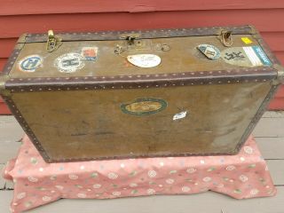 Vintage Antique Steamer Travel Trunk Suitcase,  Key,  Early 1930s With Stickers