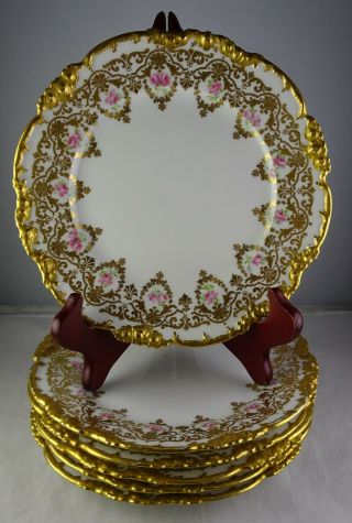 Six Gold Encrusted Antique Limoges Dessert Plates Hand Painted Roses - Gorgeous